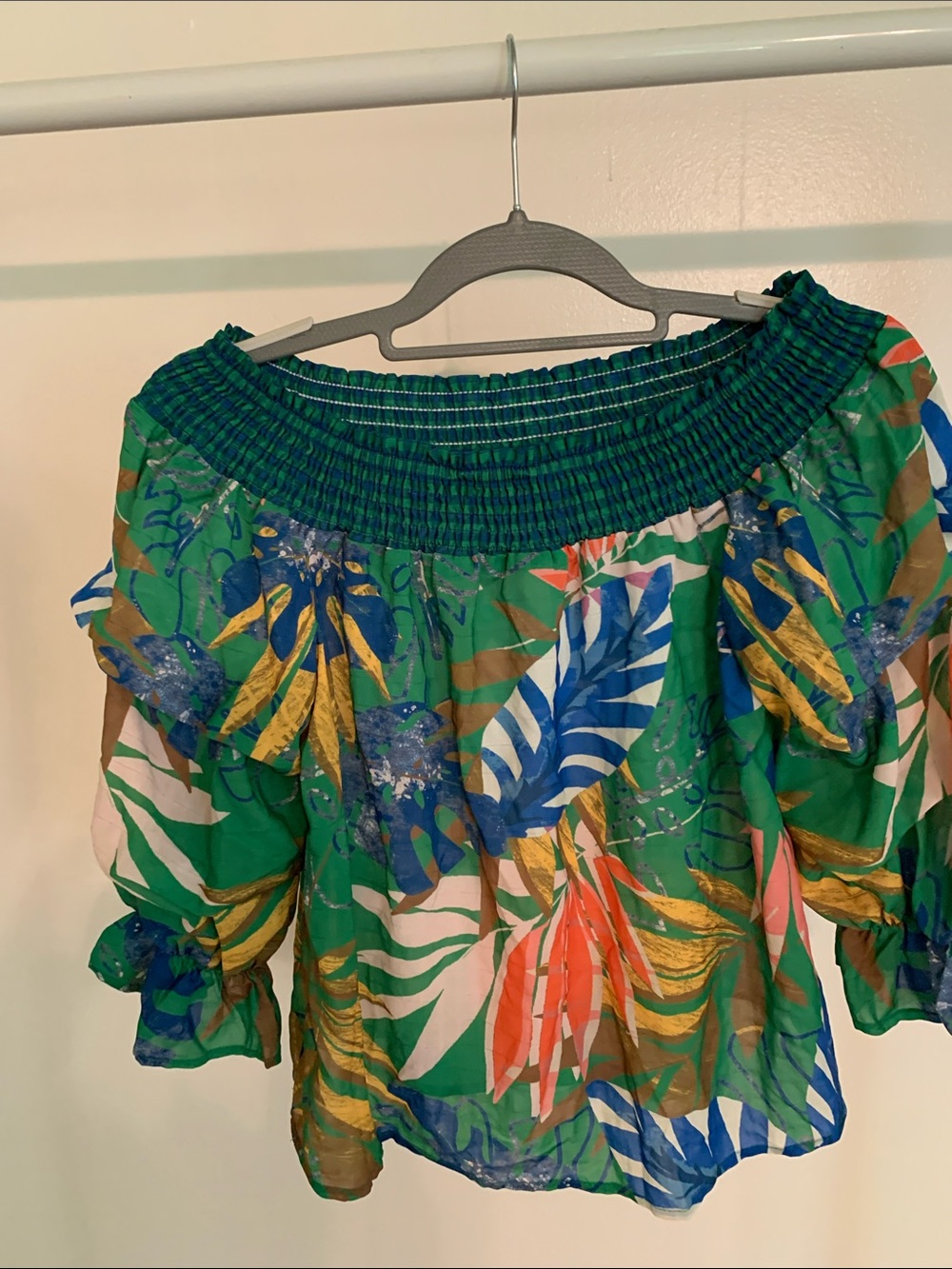 Jealous Tomato Green Tropical Off-Shoulder Floral Blouse